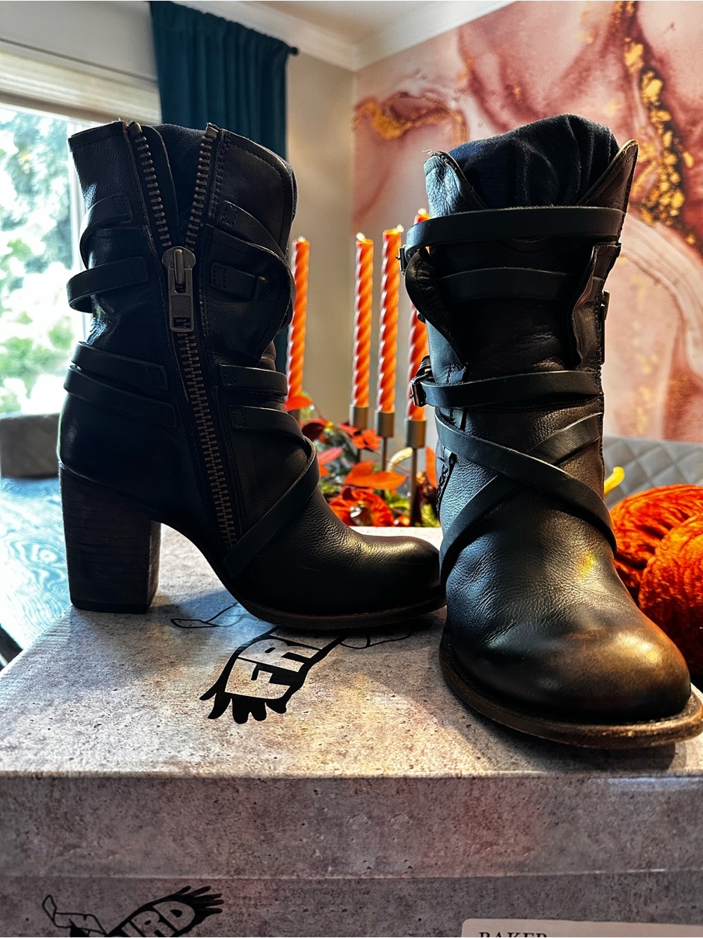 Freebird by Steven Baker Black Leather Wrap-Strap Heeled Ankle Boots - Picture 6 of 10